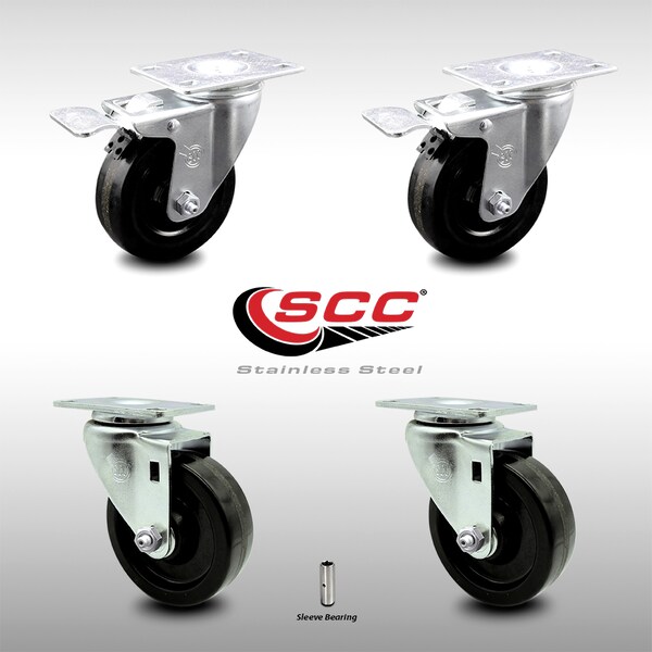 4 Inch SS Phenolic Top Plate Caster Total Lock Brakes, 2PK